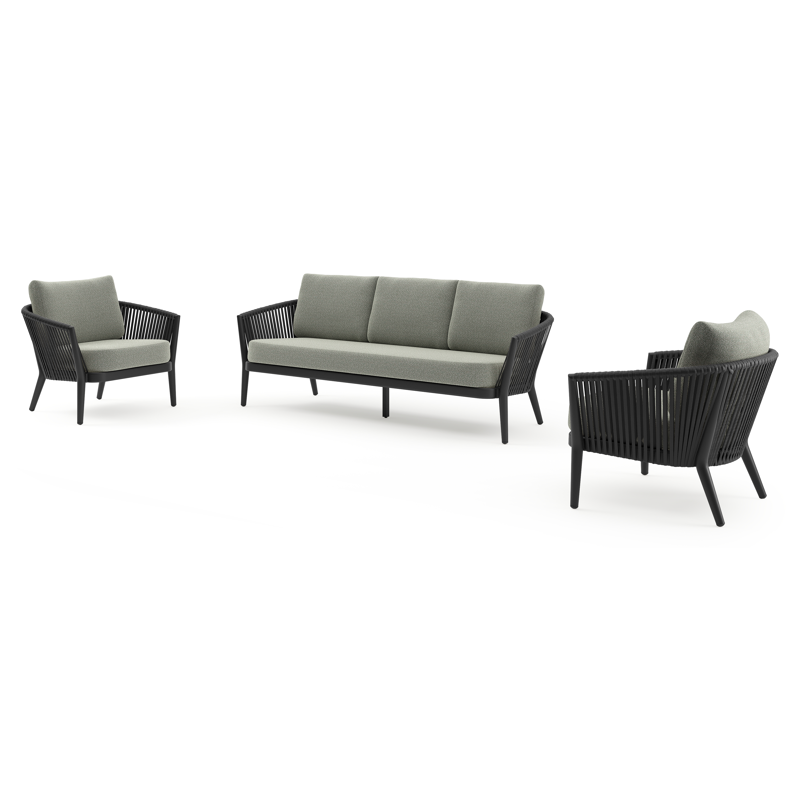 Orso loungeset in zwart aluminium en zwart verticaal geweven luxe vlakke rope met Savane Leaf all weather sunbrella® luxe kussen
