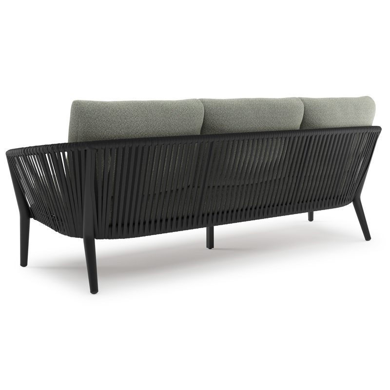 Orso loungeset in zwart aluminium en zwart verticaal geweven luxe vlakke rope met Savane Leaf all weather sunbrella® luxe kussen