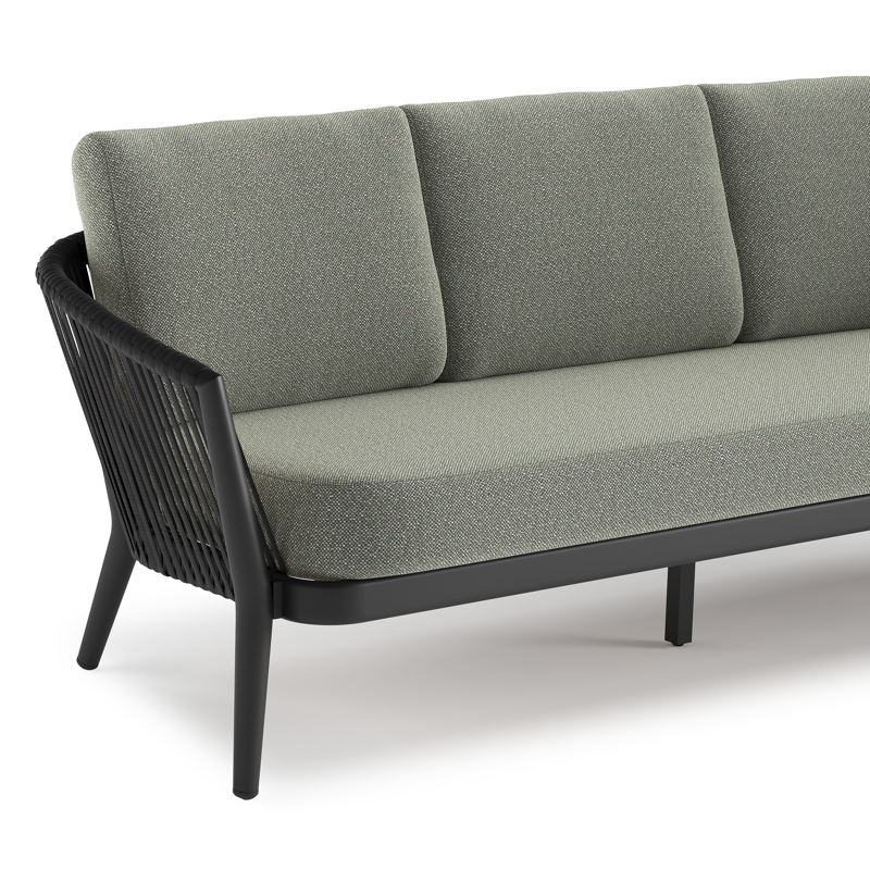 Orso loungeset in zwart aluminium en zwart verticaal geweven luxe vlakke rope met Savane Leaf all weather sunbrella® luxe kussen