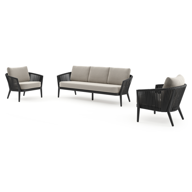 Orso loungeset in zwart aluminium en zwart verticaal geweven luxe vlakke rope met Firenze Sand all weather solica kussen