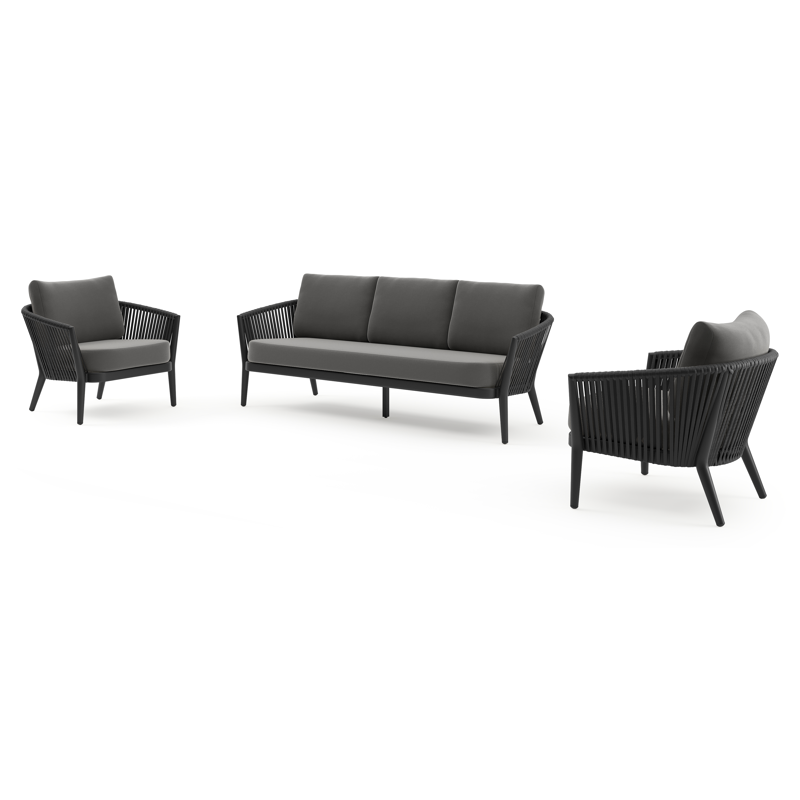 ORSO ALU 3+1+1 ALU ZWART+ROPE ZWART + AW SUNBRELLA LUXE KUSSENS NATTE CHARCOAL CHINE