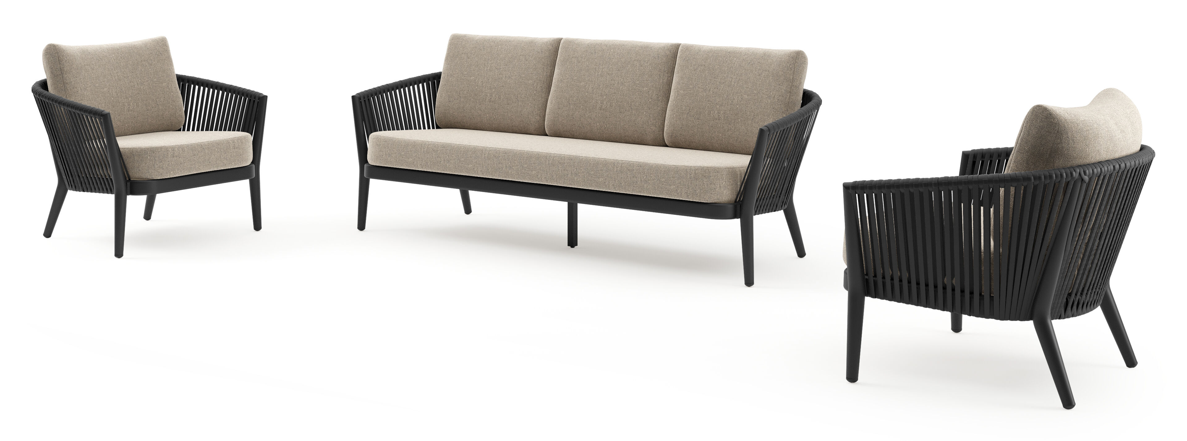 Salon de jardin Orso en aluminium noir en corde luxe plate tissée verticalement noir et coussins en all weather sunbrella® luxe Chartres Pewter