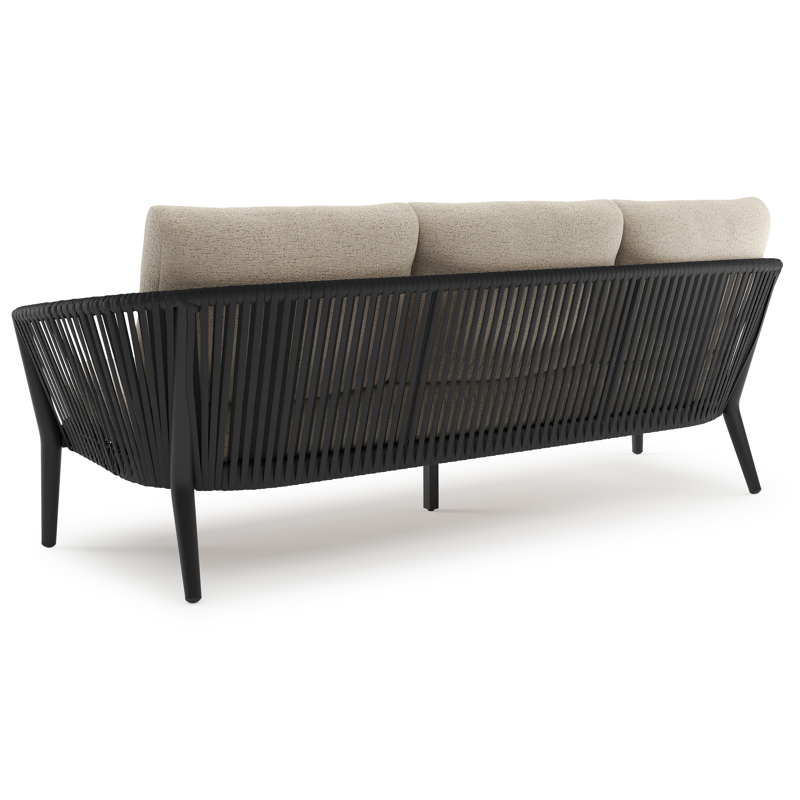 Orso loungebank in zwart aluminium en zwart verticaal geweven luxe vlakke rope met Marbella Beige all weather cosytica kussen