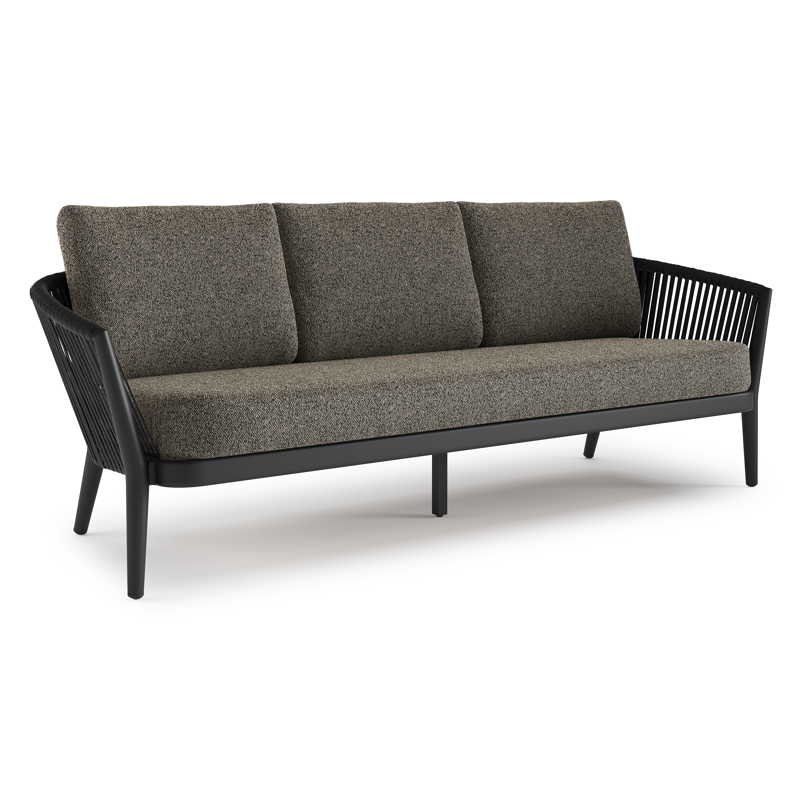 Orso loungebank in zwart aluminium en zwart verticaal geweven luxe vlakke rope met Marbella Tunder all weather cosytica kussen