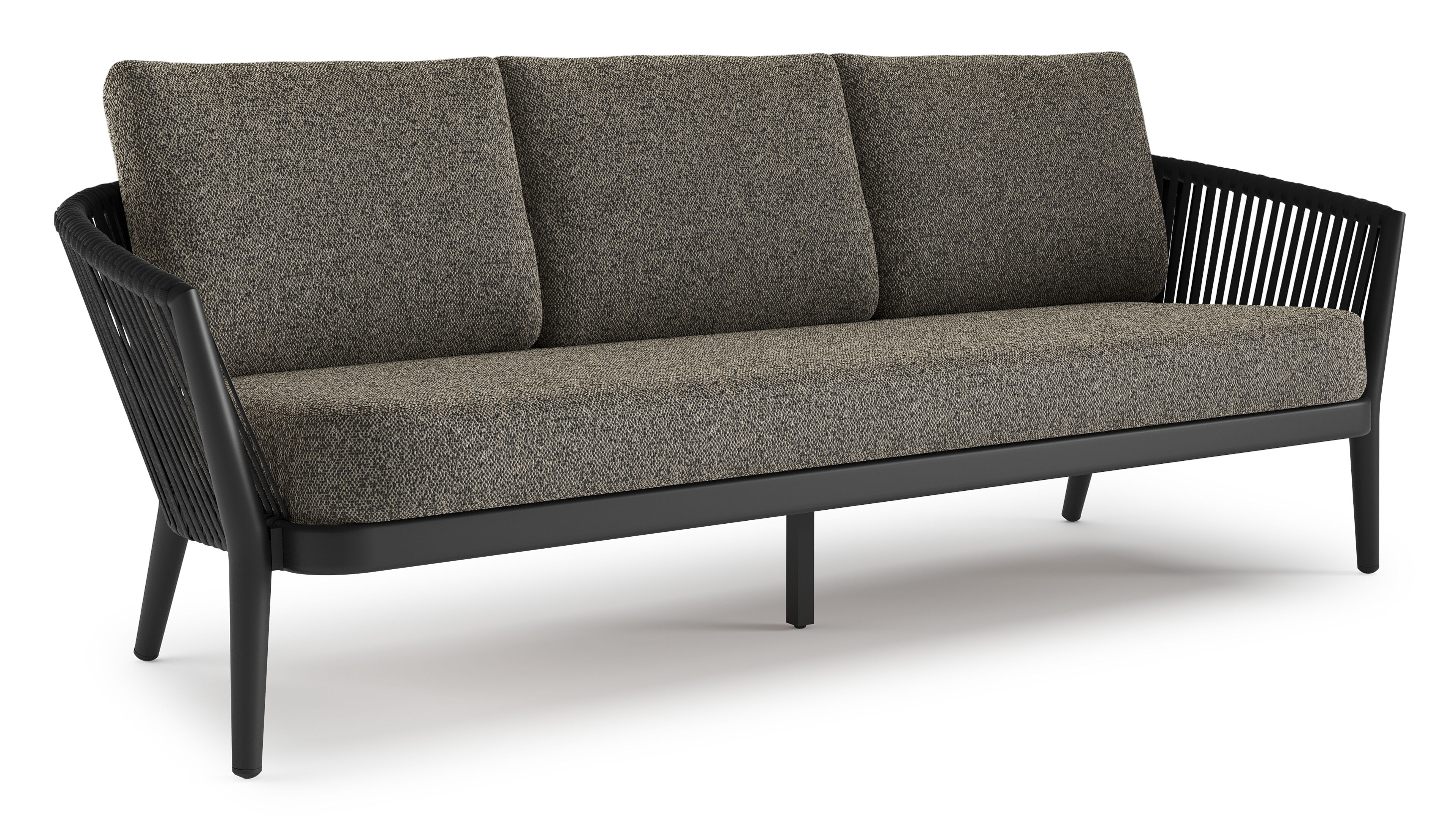 Orso loungebank in zwart aluminium en zwart verticaal geweven luxe vlakke rope met Marbella Tunder all weather cosytica kussen