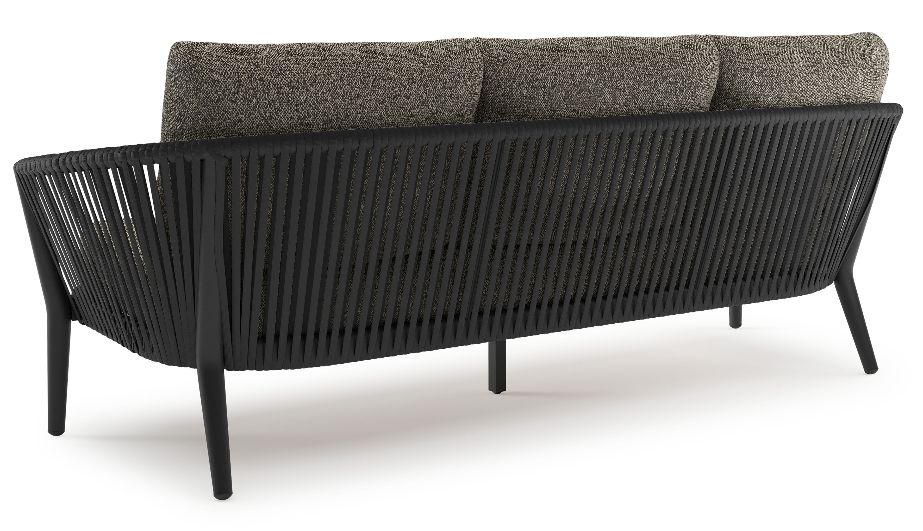 Orso loungebank in zwart aluminium en zwart verticaal geweven luxe vlakke rope met Marbella Tunder all weather cosytica kussen