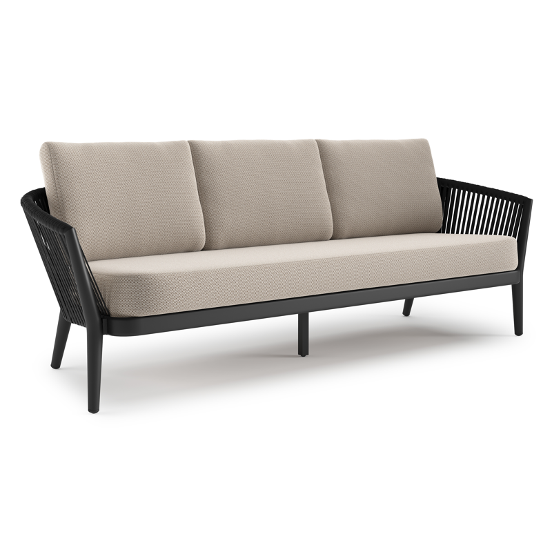 Canapé de jardin Orso en aluminium noir en corde luxe plate tissée verticalement noir et coussins en all weather sunbrella® luxe Lopi Fossil