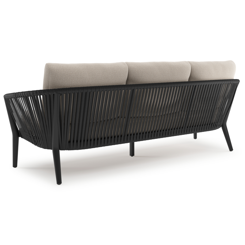 Canapé de jardin Orso en aluminium noir en corde luxe plate tissée verticalement noir et coussins en all weather sunbrella® luxe Lopi Fossil