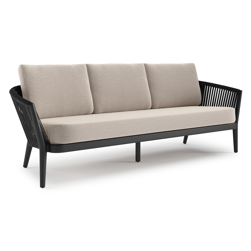 Orso loungebank in zwart aluminium en zwart verticaal geweven luxe vlakke rope met Slow Farafra all weather sunbrella® luxe kussen