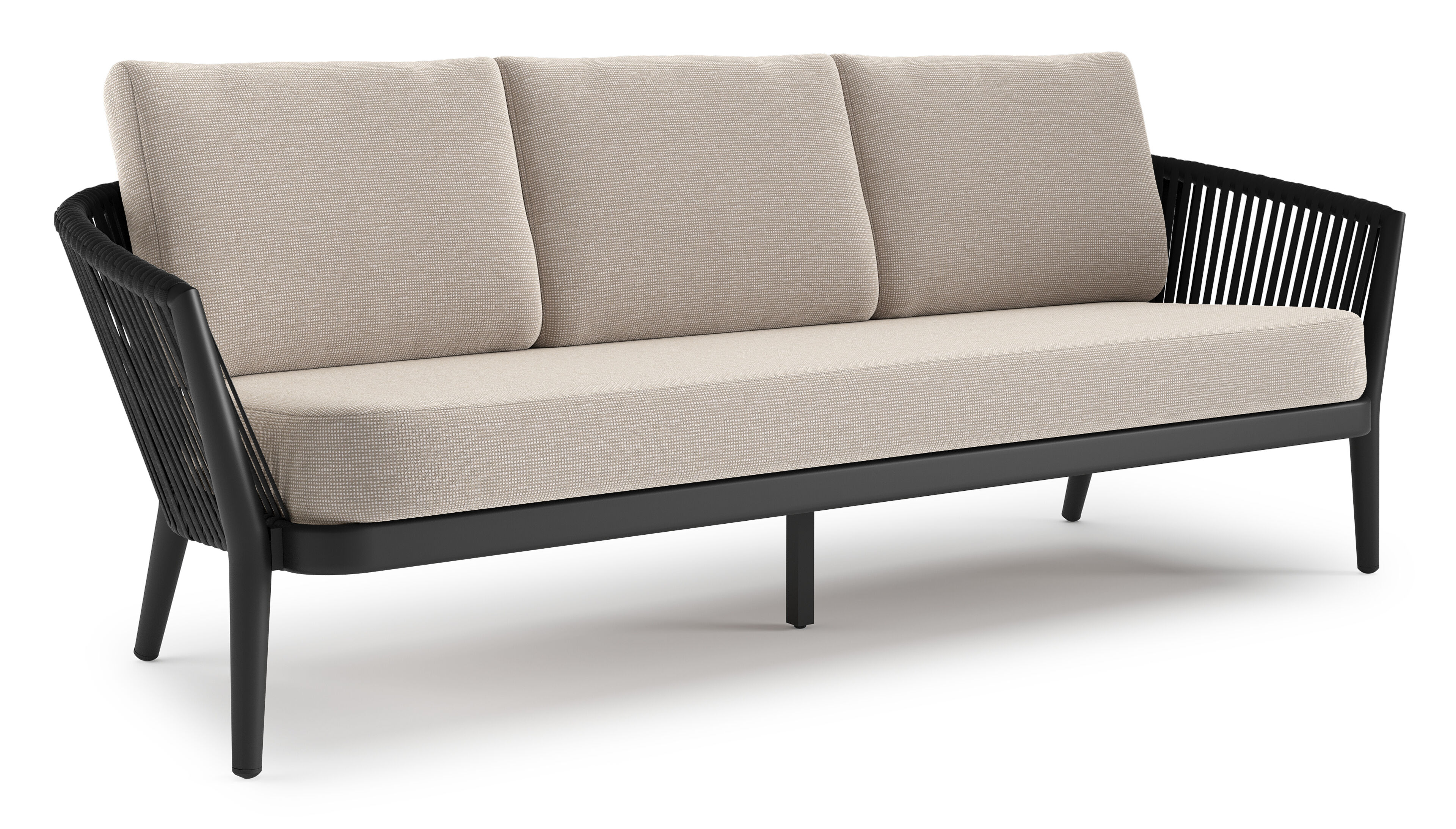 Orso loungebank in zwart aluminium en zwart verticaal geweven luxe vlakke rope met Slow Farafra all weather sunbrella® luxe kussen