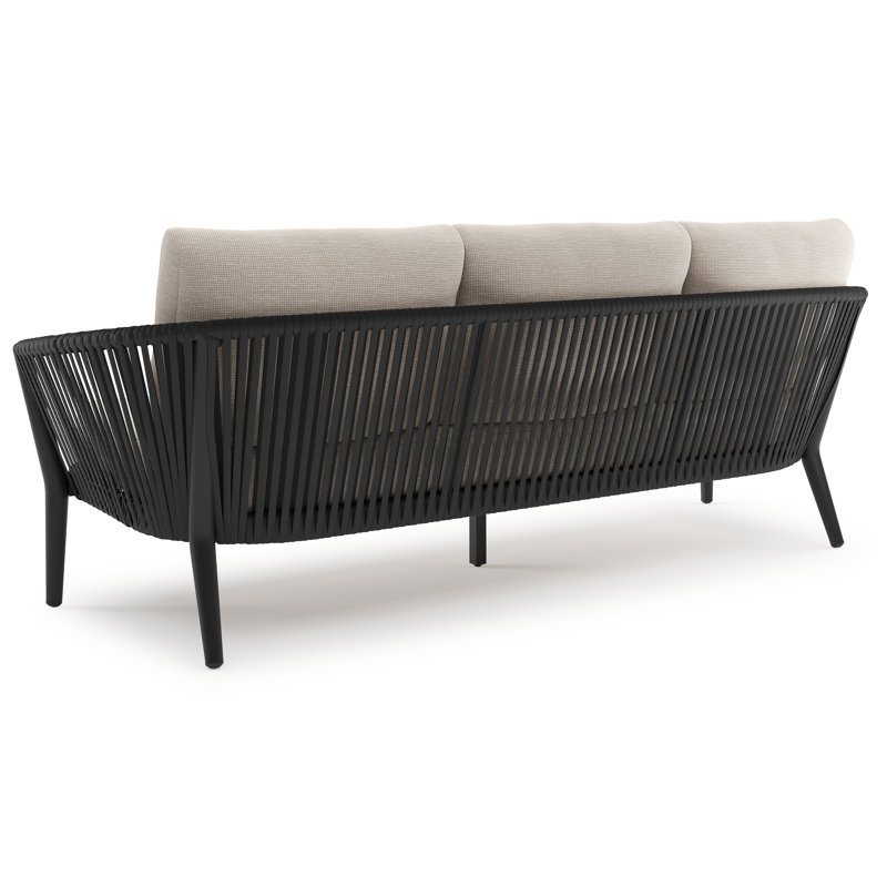 Orso loungebank in zwart aluminium en zwart verticaal geweven luxe vlakke rope met Slow Farafra all weather sunbrella® luxe kussen