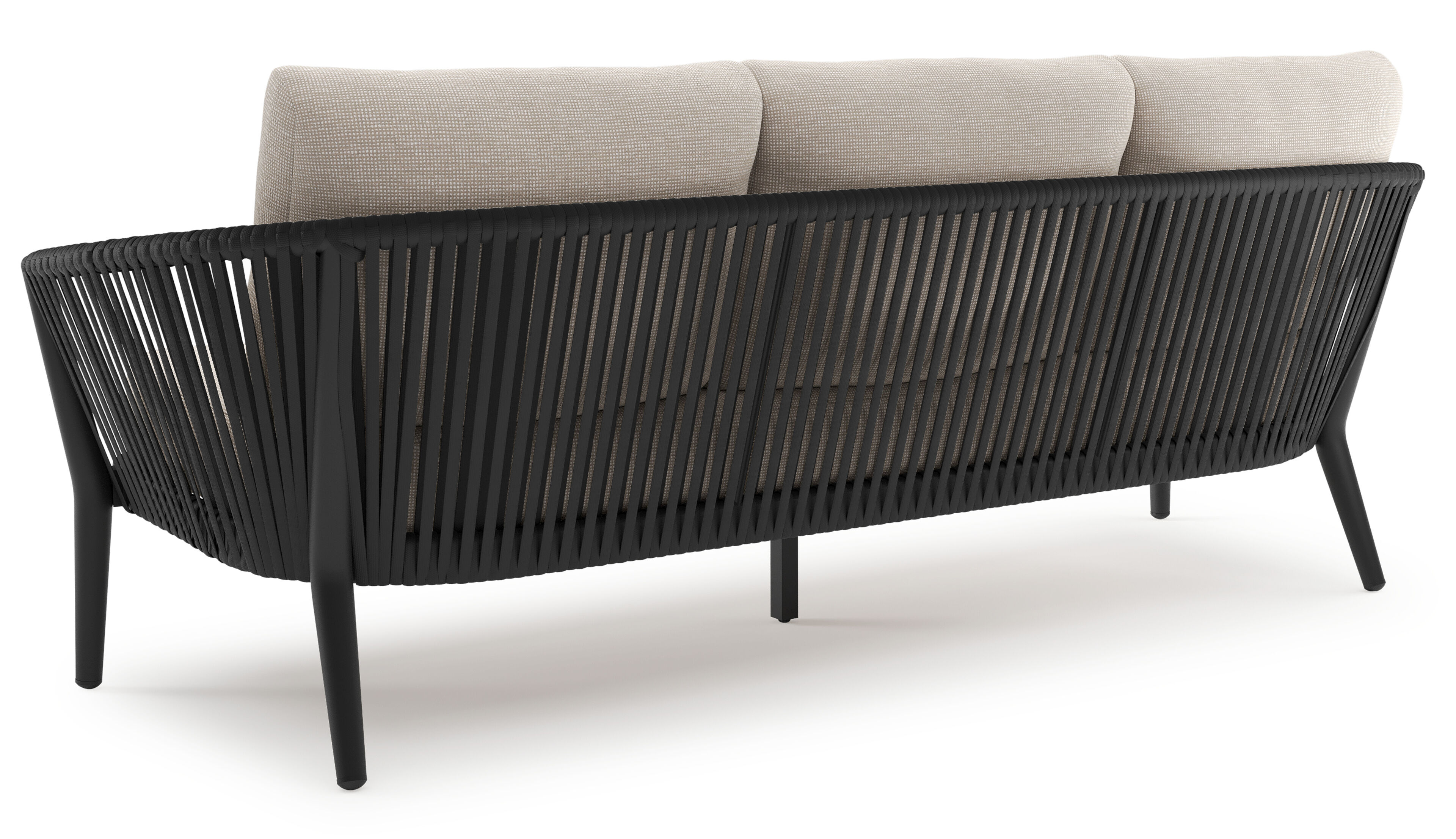 Orso loungebank in zwart aluminium en zwart verticaal geweven luxe vlakke rope met Slow Farafra all weather sunbrella® luxe kussen