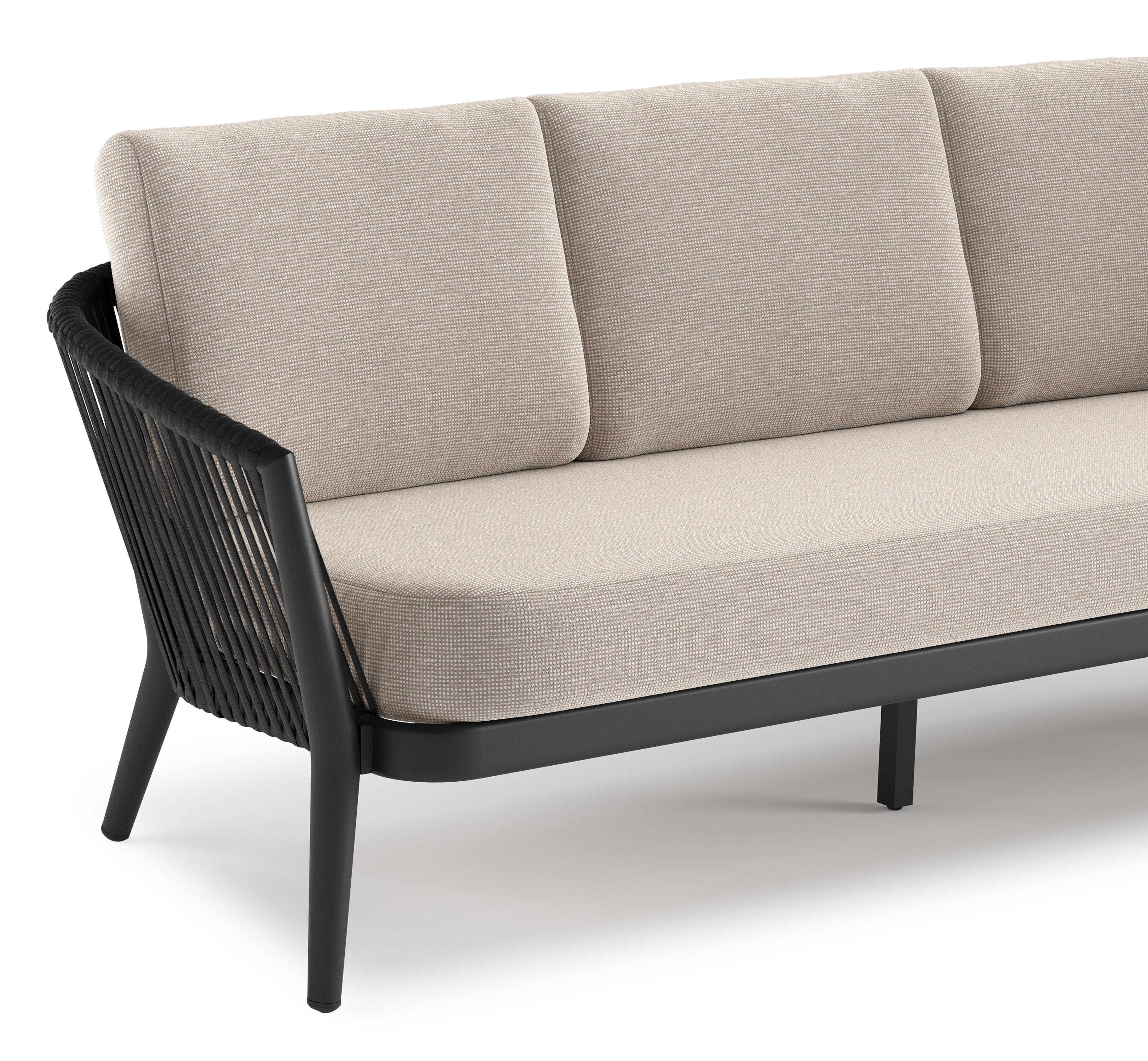 Orso loungebank in zwart aluminium en zwart verticaal geweven luxe vlakke rope met Slow Farafra all weather sunbrella® luxe kussen