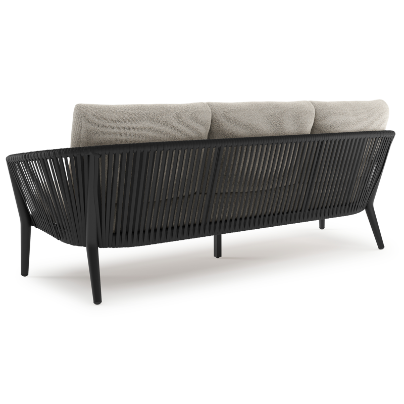 Orso loungebank in zwart aluminium en zwart verticaal geweven luxe vlakke rope met Firenze Sand all weather solica kussen