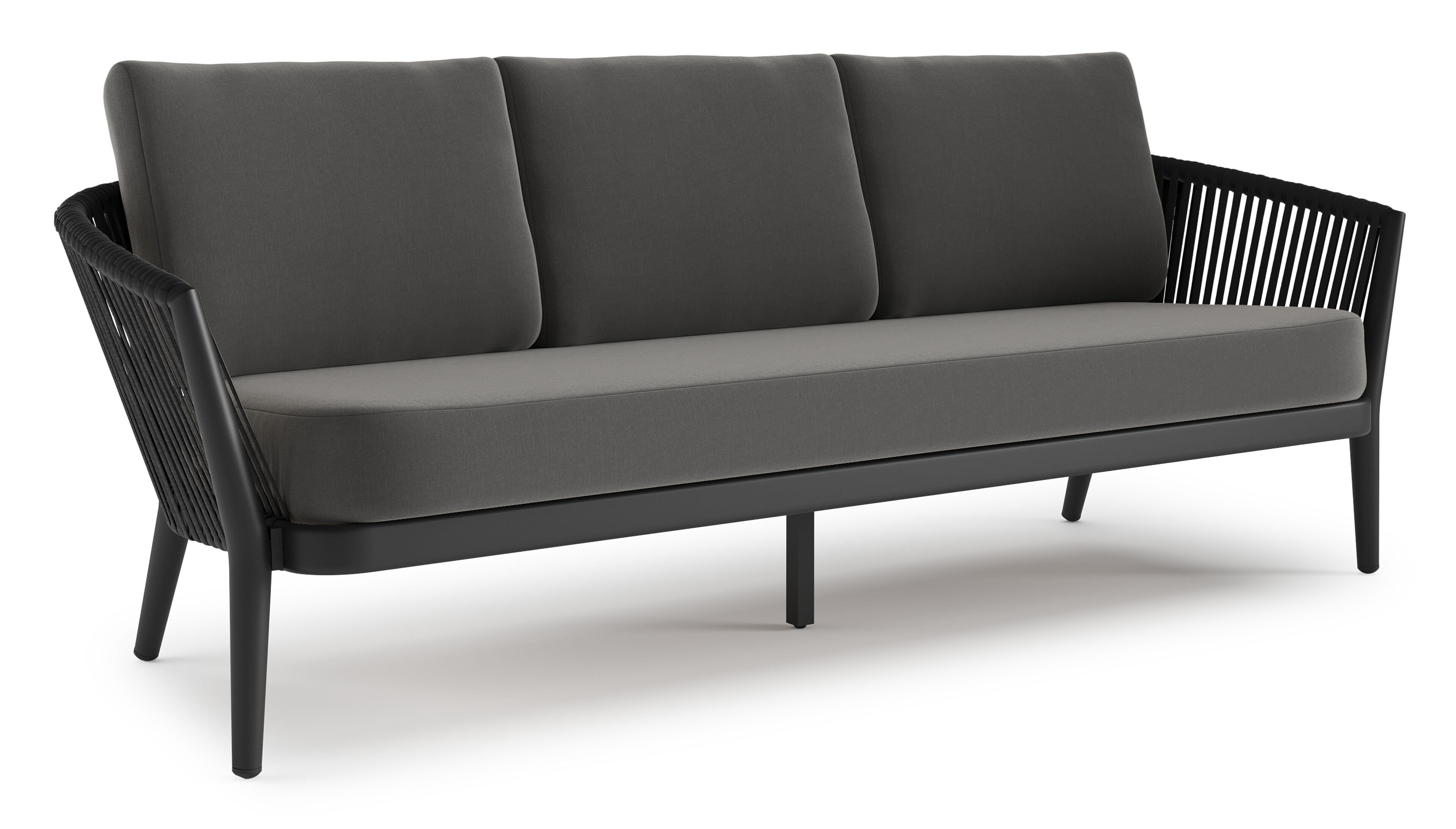 Orso loungebank in zwart aluminium en zwart verticaal geweven luxe vlakke rope met Natte Charcoal Chine all weather sunbrella® luxe kussen