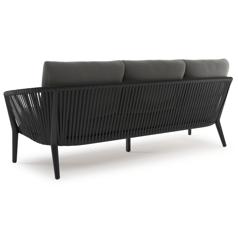 Canapé de jardin Orso en aluminium noir en corde luxe plate tissée verticalement noir et coussins en all weather sunbrella® luxe Natte Charcoal Chine