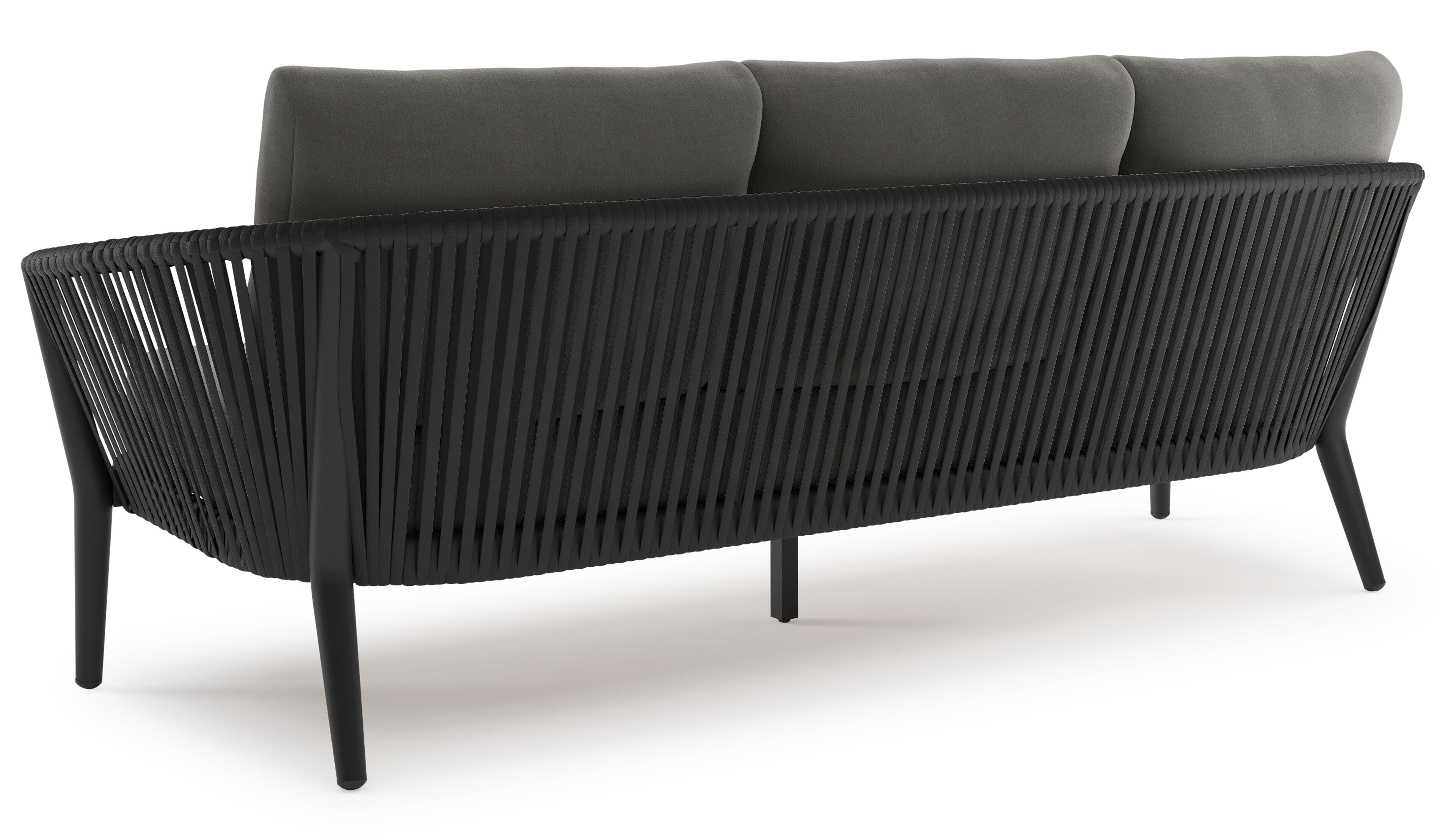Orso loungebank in zwart aluminium en zwart verticaal geweven luxe vlakke rope met Natte Charcoal Chine all weather sunbrella® luxe kussen