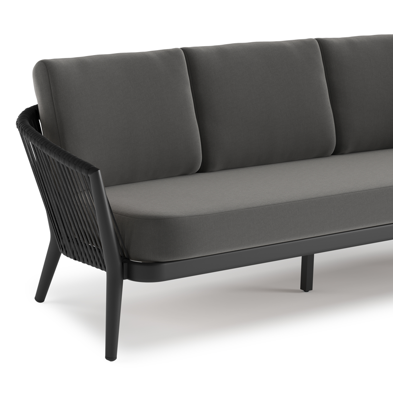 Canapé de jardin Orso en aluminium noir en corde luxe plate tissée verticalement noir et coussins en all weather sunbrella® luxe Natte Charcoal Chine