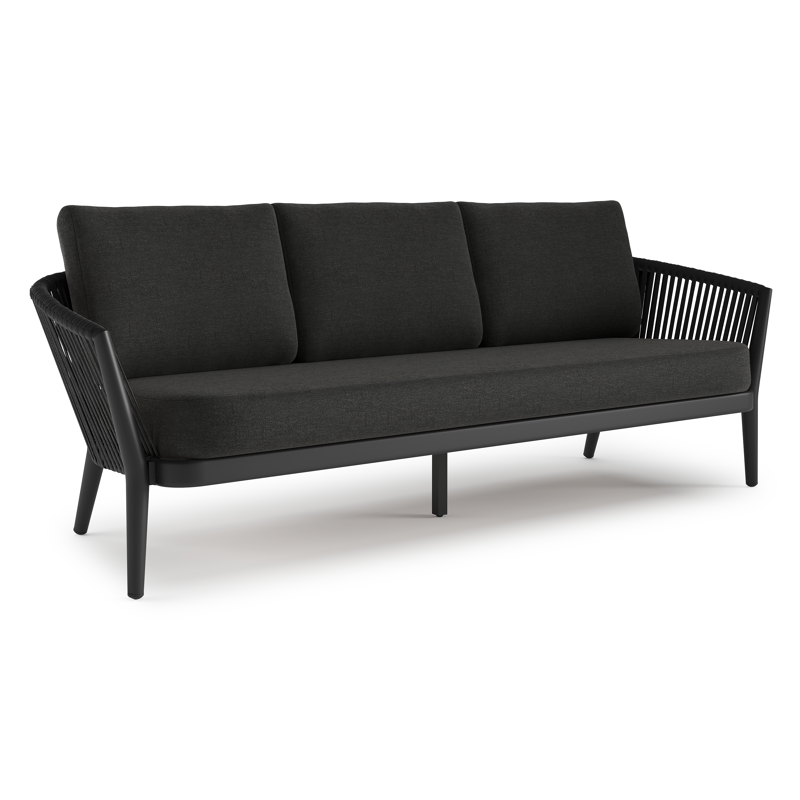 Orso loungebank in zwart aluminium en zwart verticaal geweven luxe vlakke rope met Chartres Sooty all weather sunbrella® luxe kussen