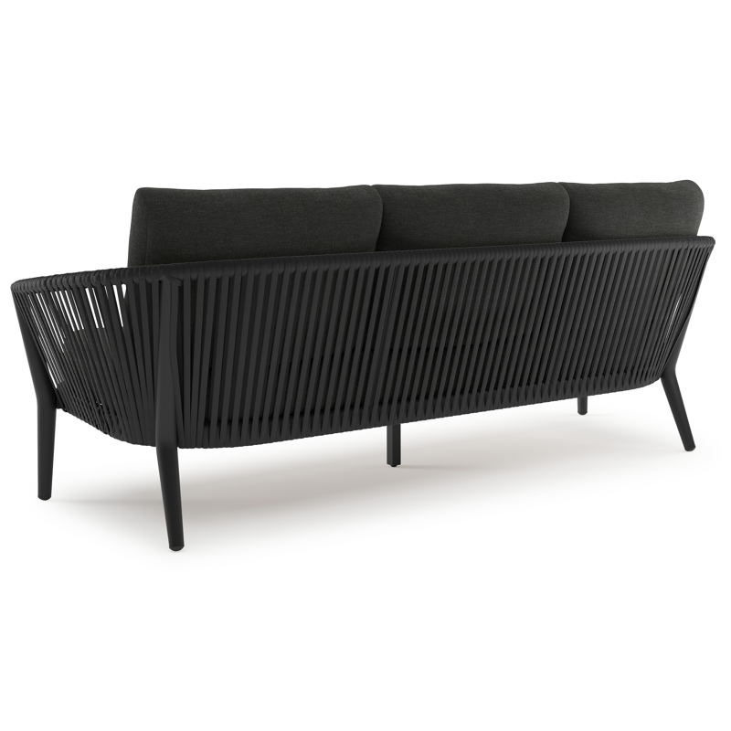 Orso loungebank in zwart aluminium en zwart verticaal geweven luxe vlakke rope met Chartres Sooty all weather sunbrella® luxe kussen