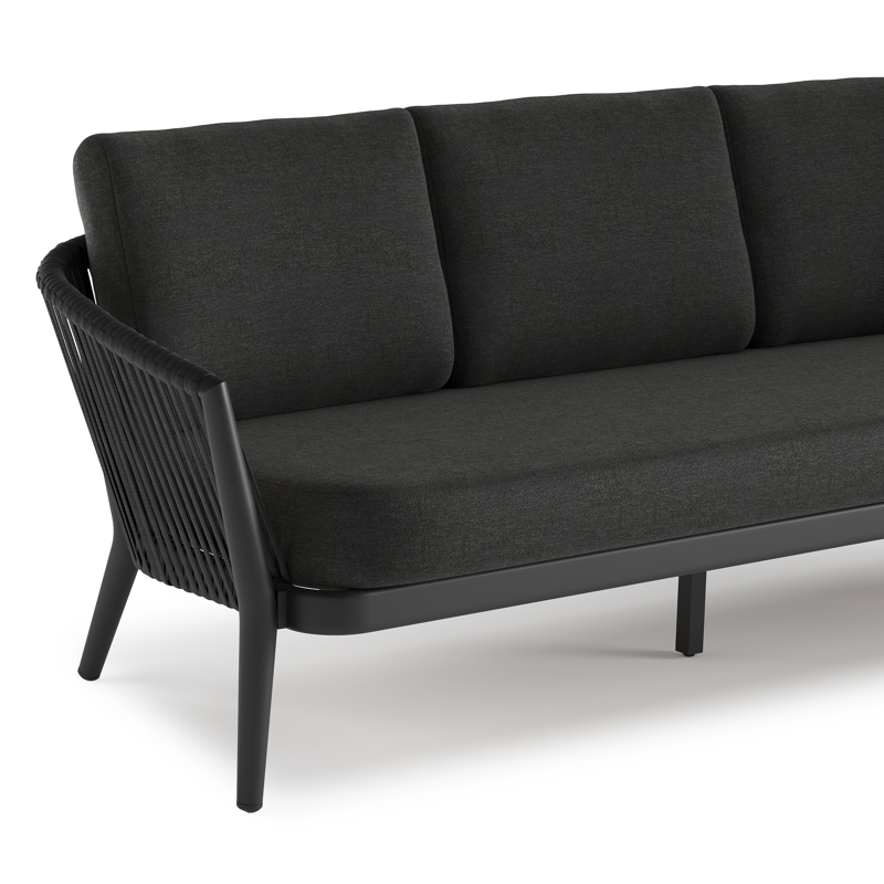 Orso loungebank in zwart aluminium en zwart verticaal geweven luxe vlakke rope met Chartres Sooty all weather sunbrella® luxe kussen