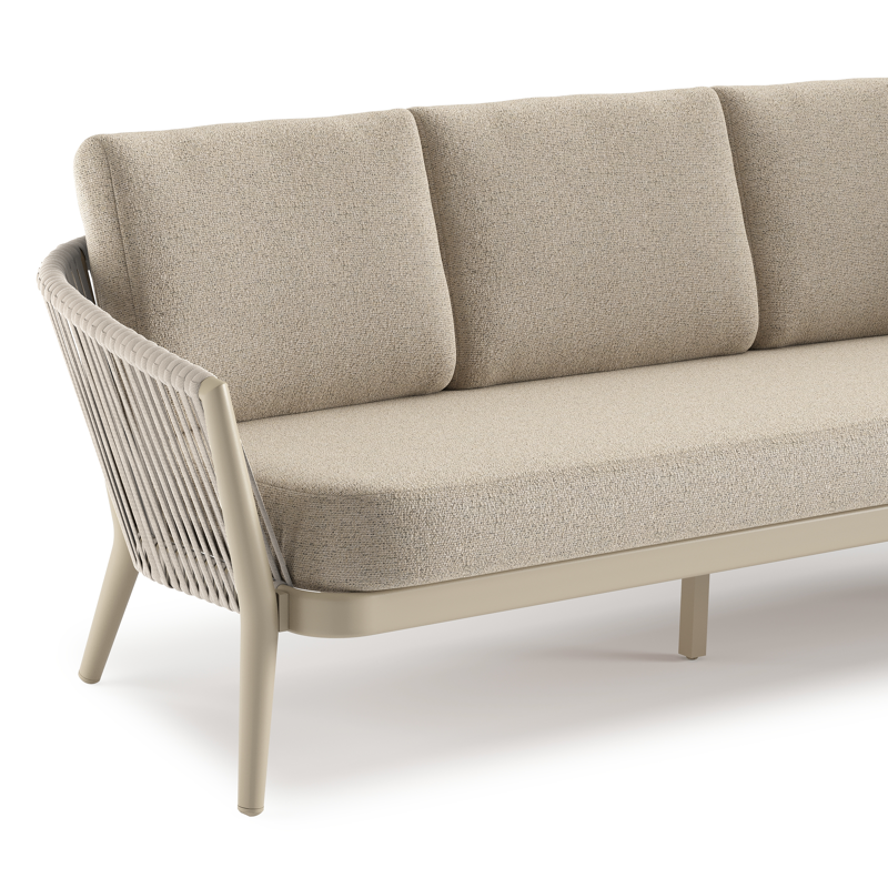 Orso loungeset in beige aluminium en beige verticaal geweven luxe vlakke rope met Marbella Beige all weather cosytica kussen