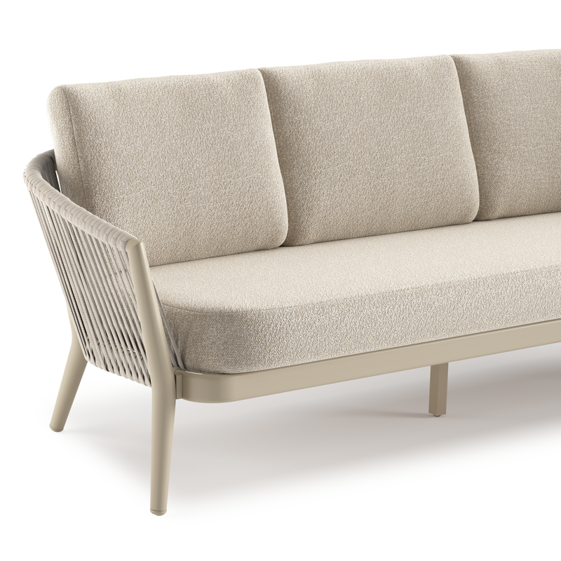 Orso loungeset in beige aluminium en beige verticaal geweven luxe vlakke rope met Marbella Ecru all weather cosytica kussen