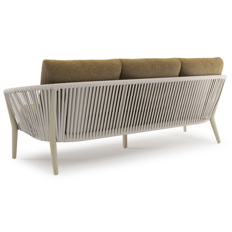 Orso loungeset in beige aluminium en beige verticaal geweven luxe vlakke rope met Madagascar Walnut all weather cosytica kussen