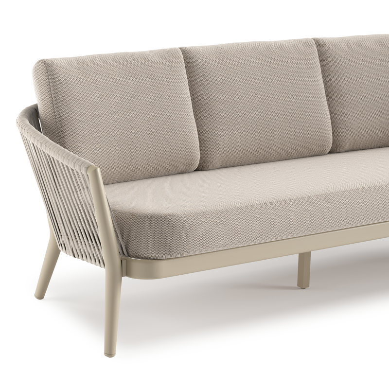 Orso loungeset in beige aluminium en beige verticaal geweven luxe vlakke rope met Lopi Fossil all weather sunbrella® luxe kussen