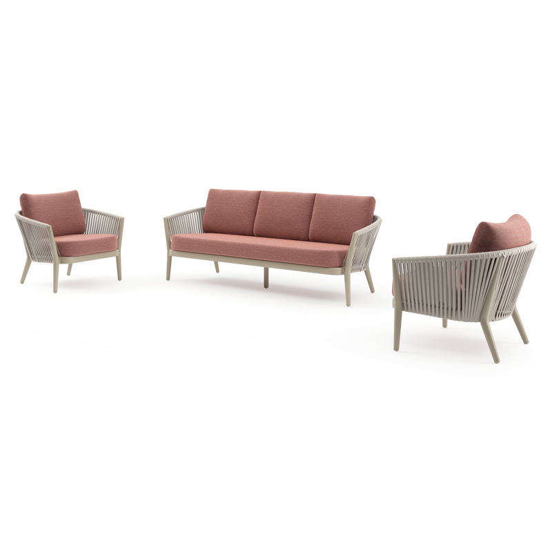 Orso loungeset in beige aluminium en beige verticaal geweven luxe vlakke rope met Slow Alezan all weather sunbrella® luxe kussen