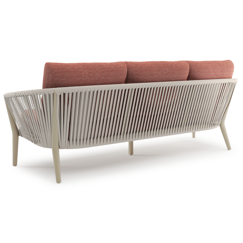 Orso loungeset in beige aluminium en beige verticaal geweven luxe vlakke rope met Slow Alezan all weather sunbrella® luxe kussen