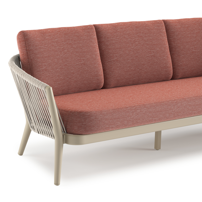 Orso loungeset in beige aluminium en beige verticaal geweven luxe vlakke rope met Slow Alezan all weather sunbrella® luxe kussen
