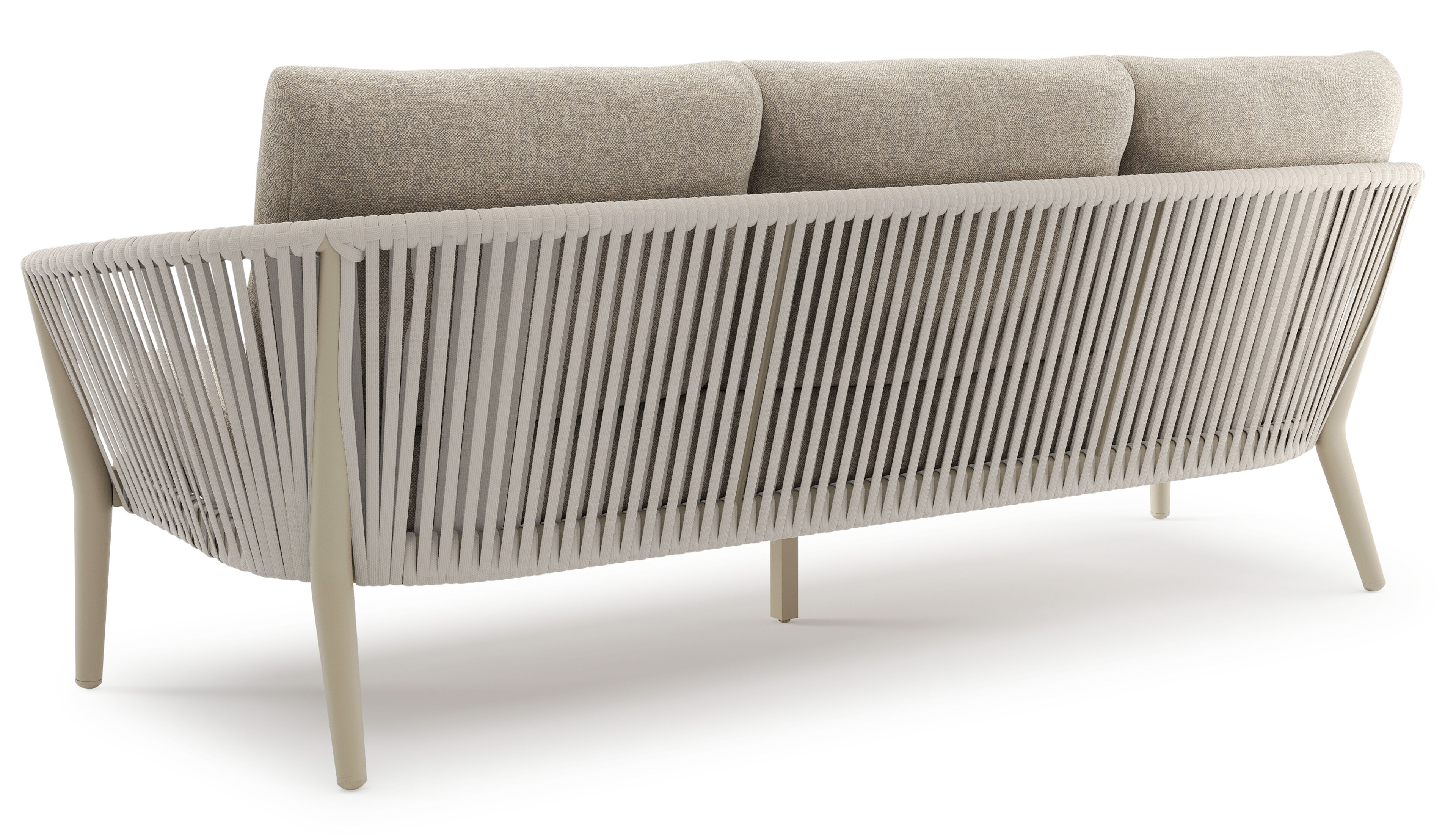 Orso loungeset in beige aluminium en beige verticaal geweven luxe vlakke rope met Chartres Pewter all weather sunbrella® luxe kussen