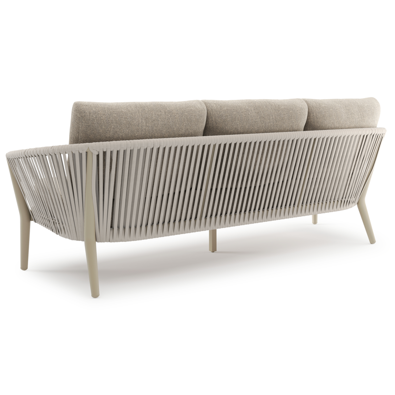 Salon de jardin Orso en aluminium beige en corde luxe plate tissée verticalement beige et coussins en all weather sunbrella® luxe Chartres Pewter