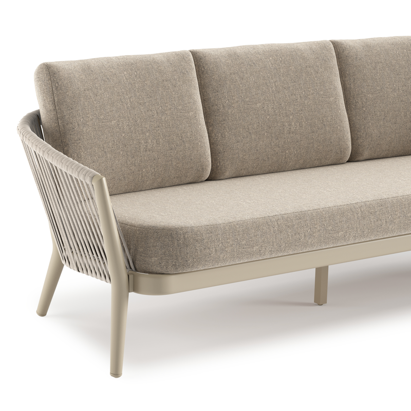 Salon de jardin Orso en aluminium beige en corde luxe plate tissée verticalement beige et coussins en all weather sunbrella® luxe Chartres Pewter