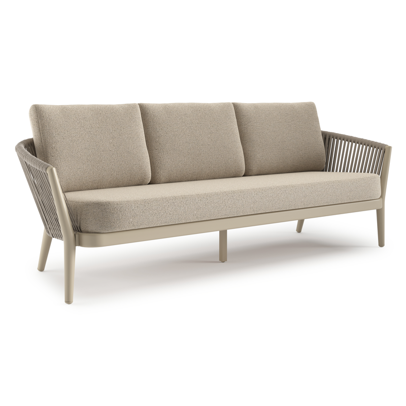 Orso loungebank in beige aluminium en beige verticaal geweven luxe vlakke rope met Marbella Beige all weather cosytica kussen