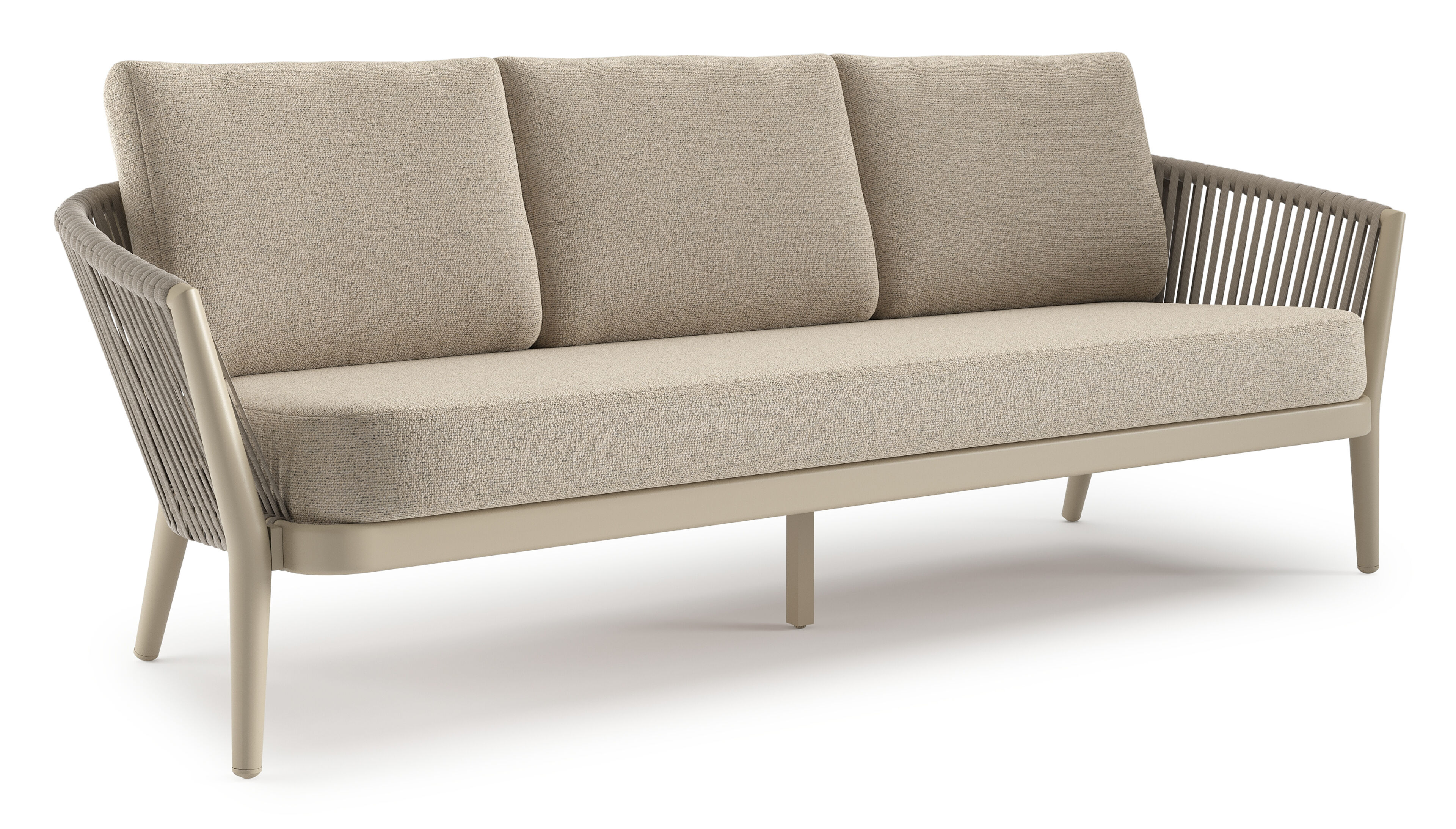 Orso loungebank in beige aluminium en beige verticaal geweven luxe vlakke rope met Marbella Beige all weather cosytica kussen