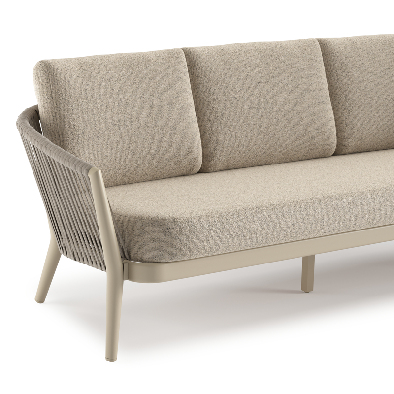 Orso loungebank in beige aluminium en beige verticaal geweven luxe vlakke rope met Marbella Beige all weather cosytica kussen