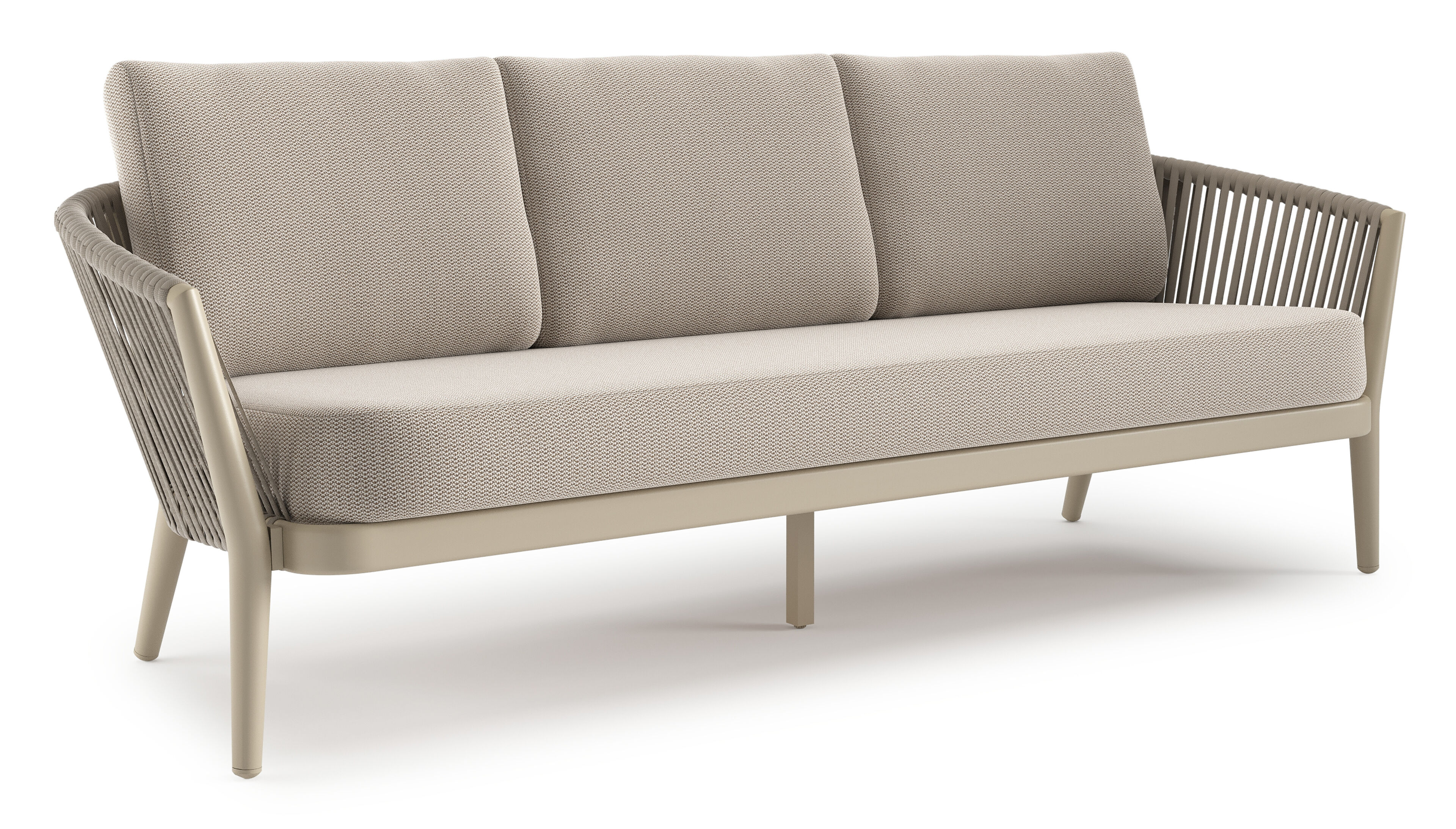 Orso loungebank in beige aluminium en beige verticaal geweven luxe vlakke rope met Lopi Fossil all weather sunbrella® luxe kussen