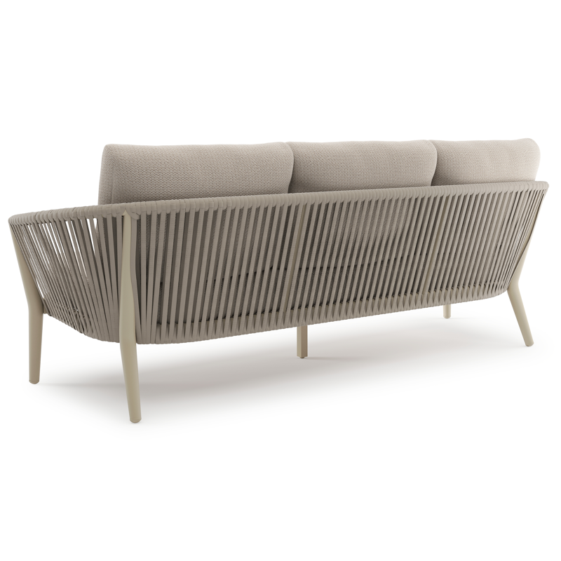 Orso loungebank in beige aluminium en beige verticaal geweven luxe vlakke rope met Lopi Fossil all weather sunbrella® luxe kussen