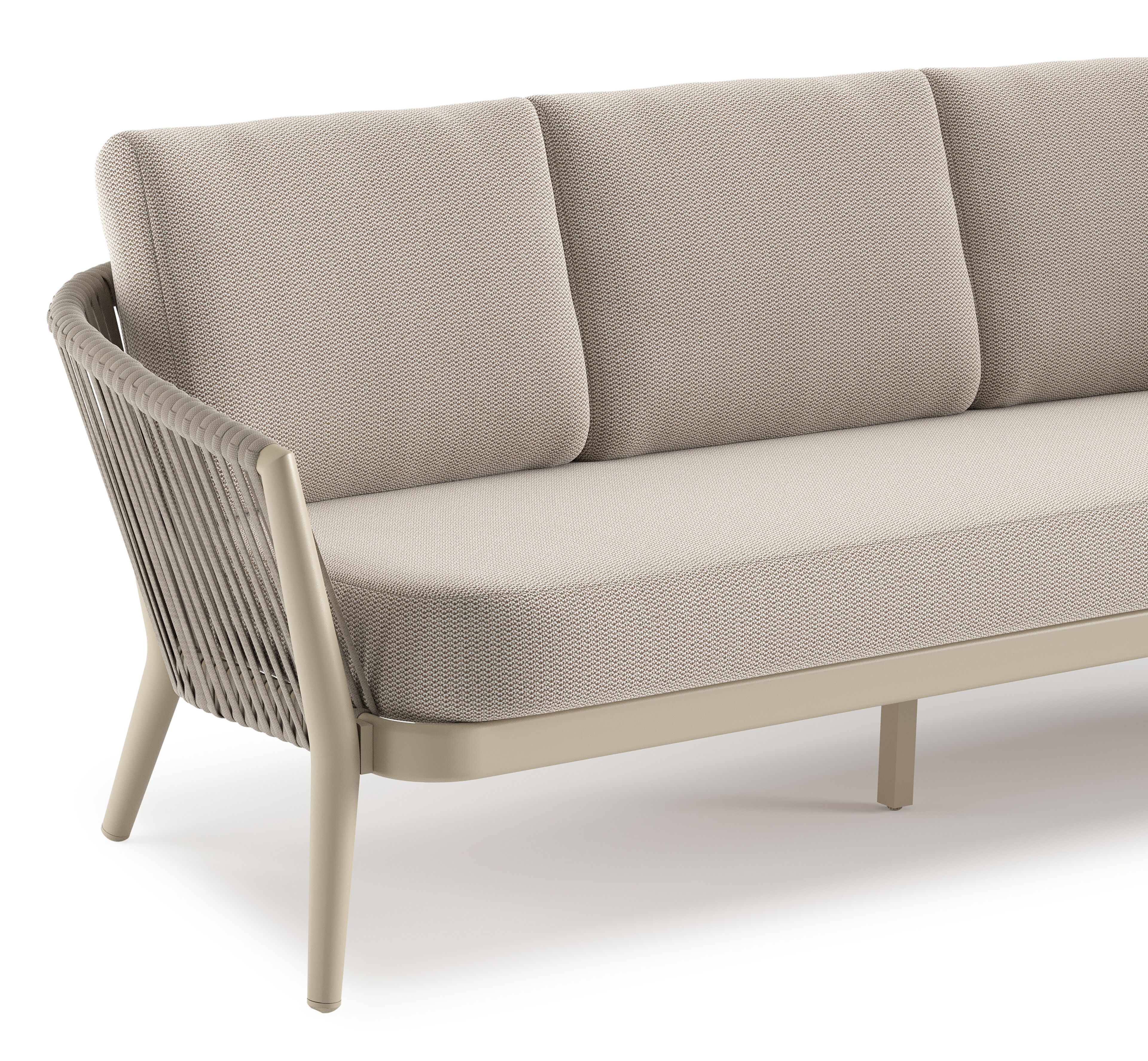 Orso loungebank in beige aluminium en beige verticaal geweven luxe vlakke rope met Lopi Fossil all weather sunbrella® luxe kussen
