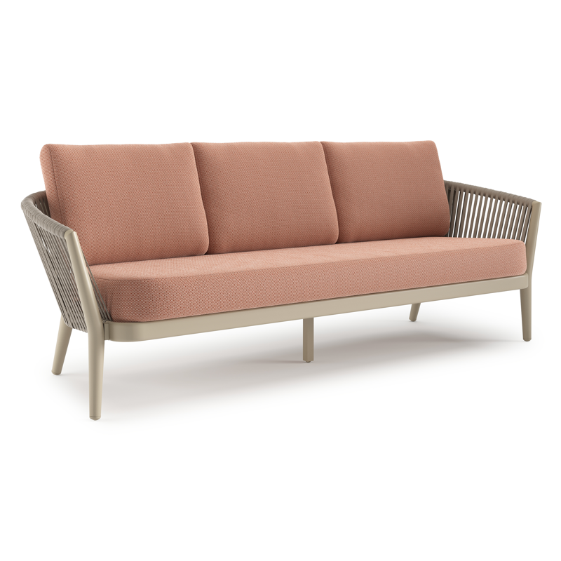 Orso loungebank in beige aluminium en beige verticaal geweven luxe vlakke rope met Lopi Fawn all weather sunbrella® luxe kussen