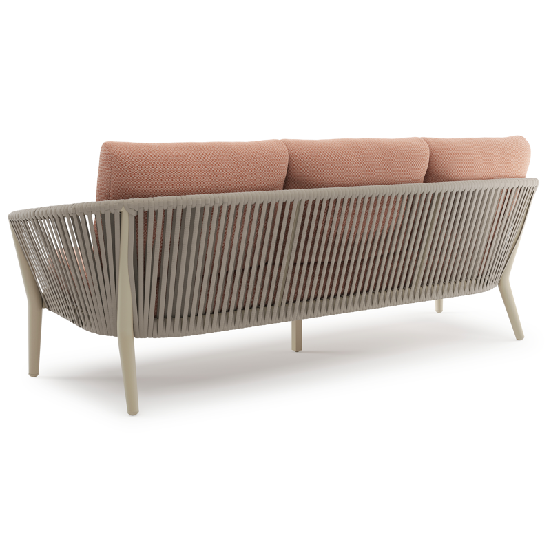 Orso loungebank in beige aluminium en beige verticaal geweven luxe vlakke rope met Lopi Fawn all weather sunbrella® luxe kussen