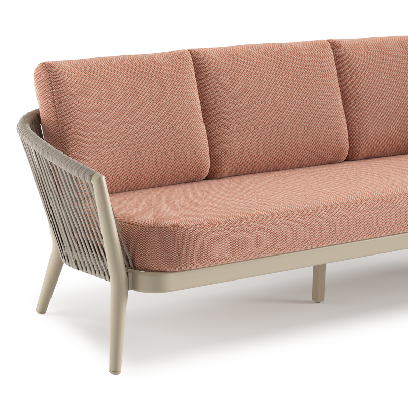 Orso loungebank in beige aluminium en beige verticaal geweven luxe vlakke rope met Lopi Fawn all weather sunbrella® luxe kussen
