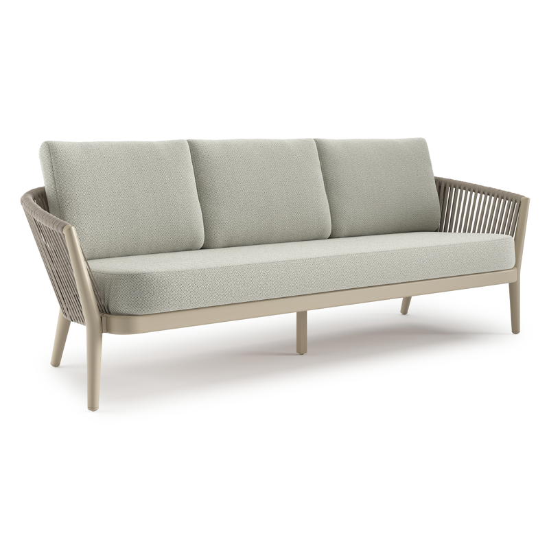 Orso loungebank in beige aluminium en beige verticaal geweven luxe vlakke rope met Lopi Bud all weather sunbrella® luxe kussen