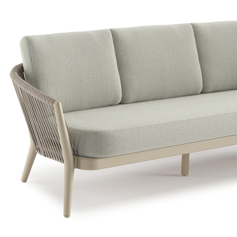 Orso loungebank in beige aluminium en beige verticaal geweven luxe vlakke rope met Lopi Bud all weather sunbrella® luxe kussen
