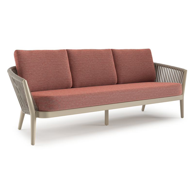 Orso loungebank in beige aluminium en beige verticaal geweven luxe vlakke rope met Slow Alezan all weather sunbrella® luxe kussen