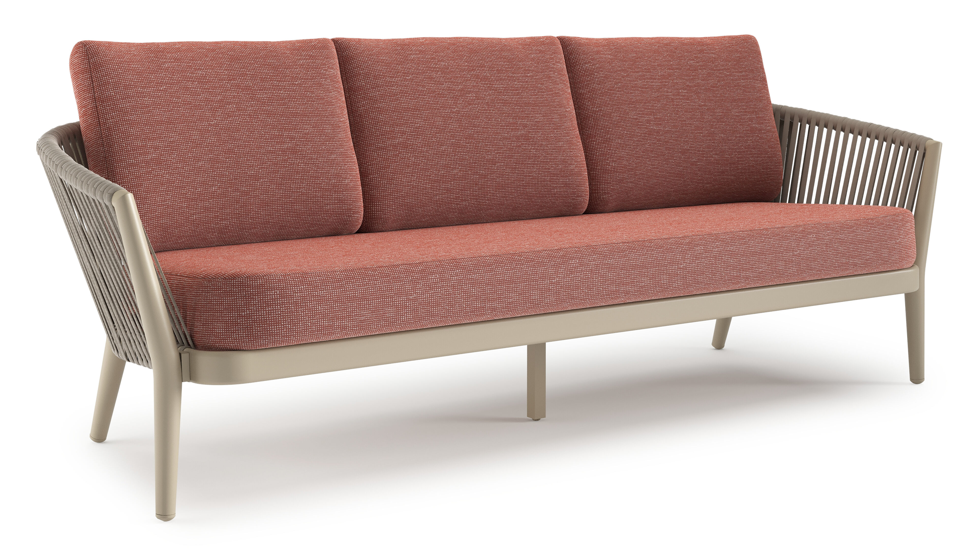 Orso loungebank in beige aluminium en beige verticaal geweven luxe vlakke rope met Slow Alezan all weather sunbrella® luxe kussen