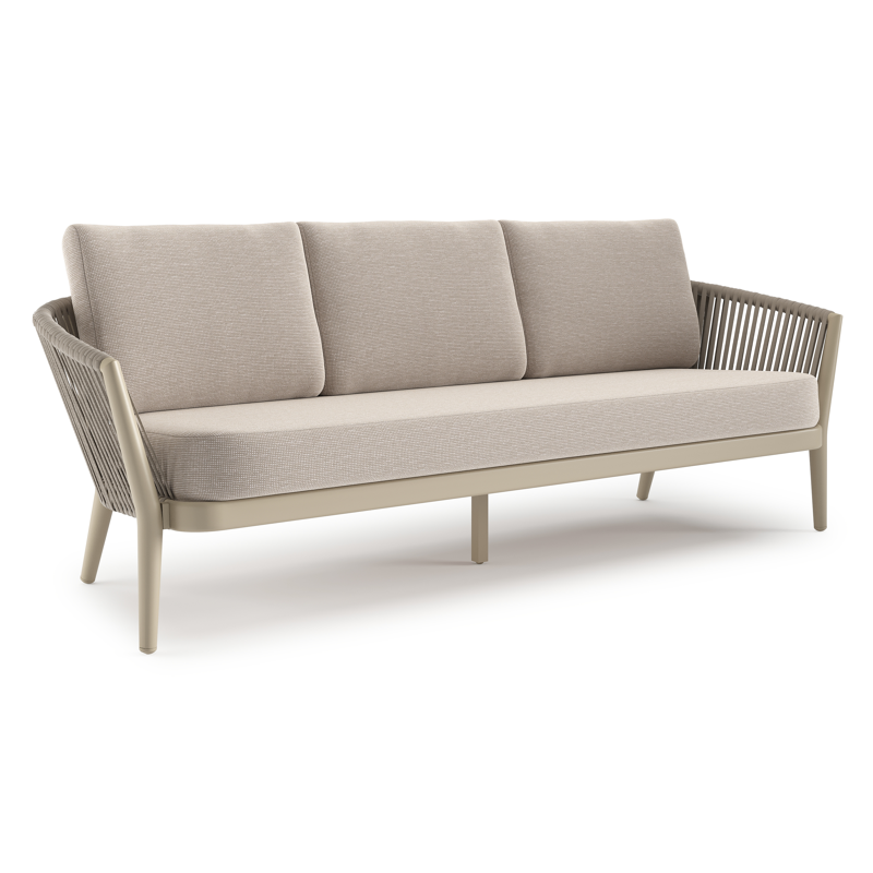 Orso loungebank in beige aluminium en beige verticaal geweven luxe vlakke rope met Slow Farafra all weather sunbrella® luxe kussen