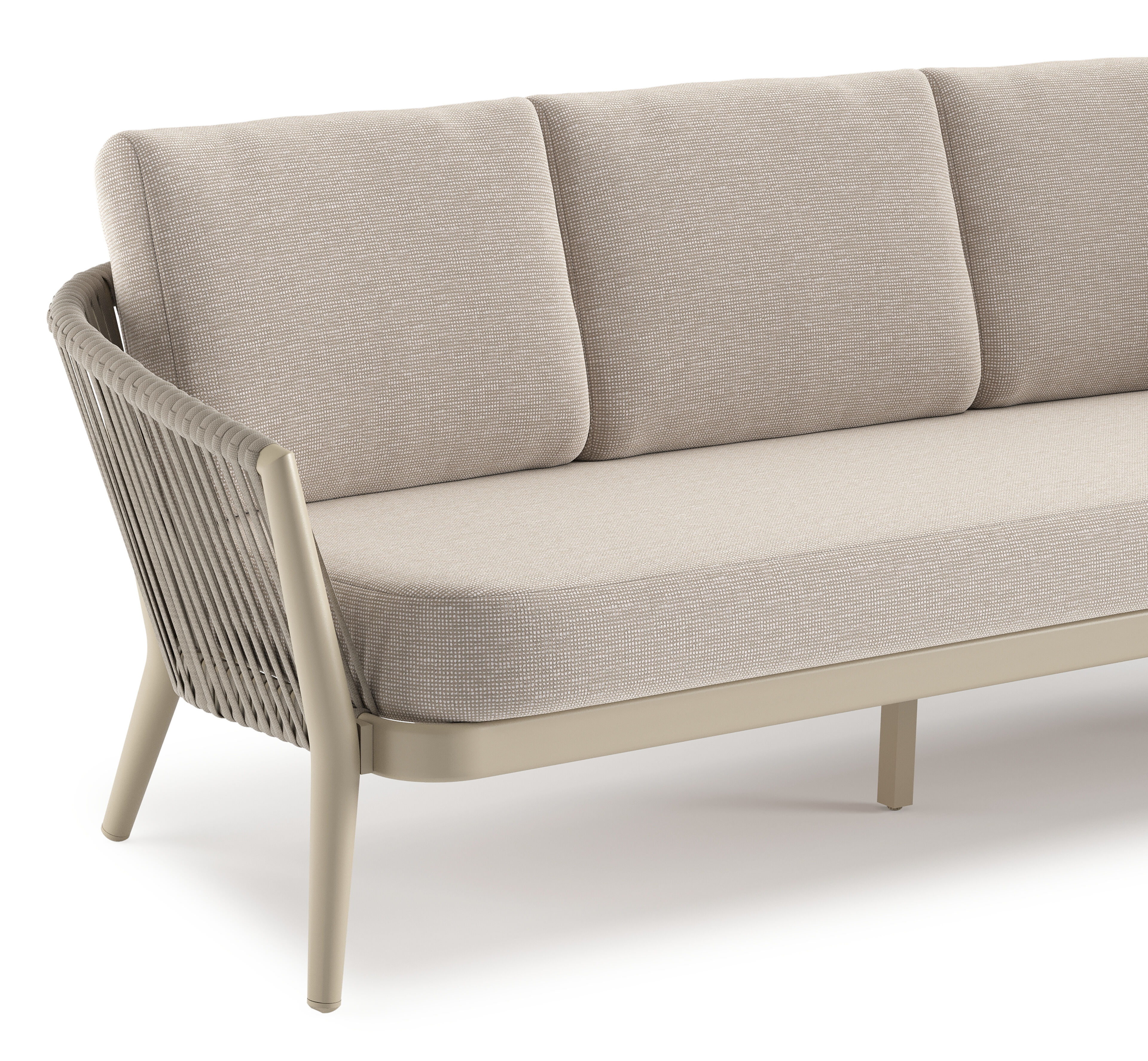 Orso loungebank in beige aluminium en beige verticaal geweven luxe vlakke rope met Slow Farafra all weather sunbrella® luxe kussen